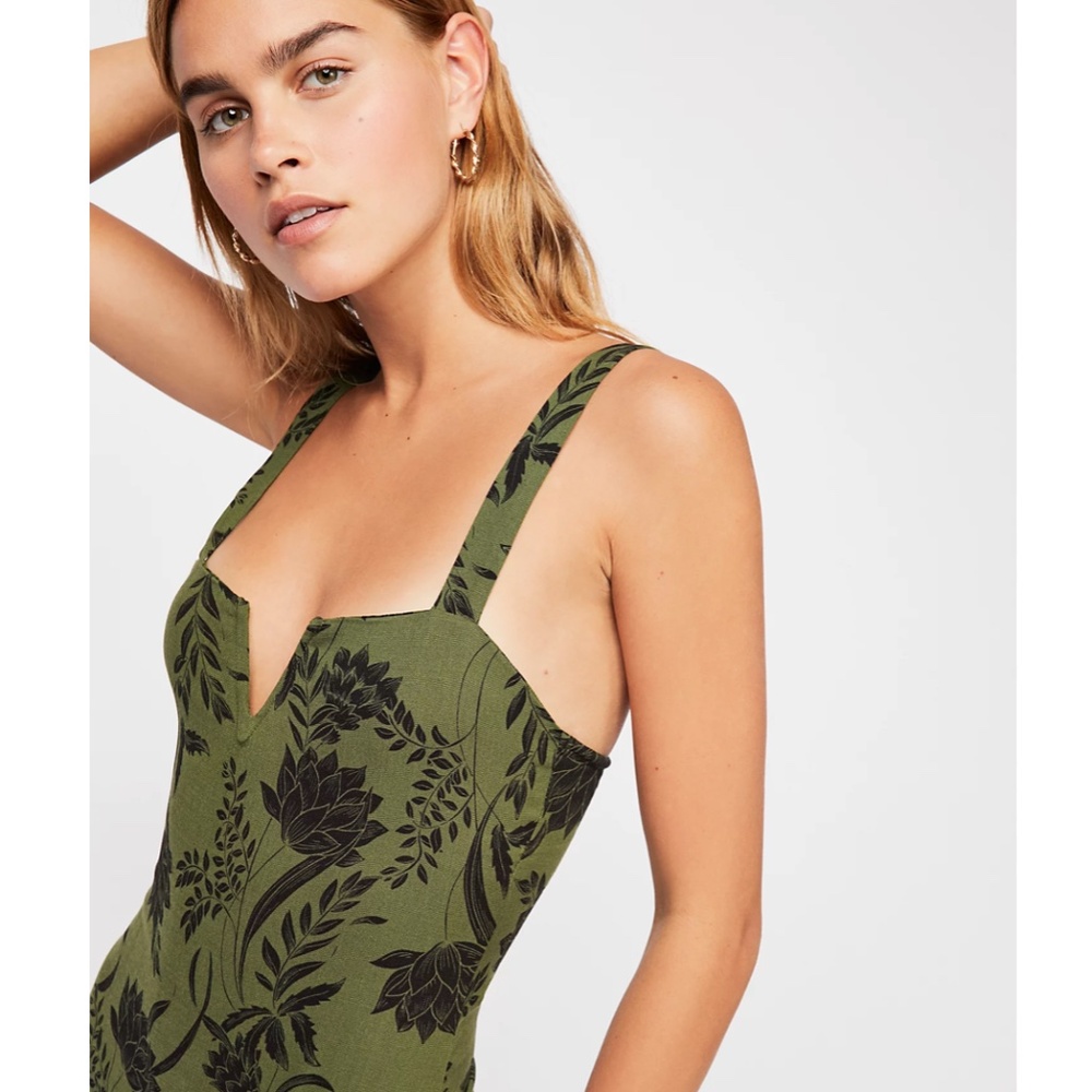 Free People Pippa Green & Black Floral Print Sleeveless Bodysuit
